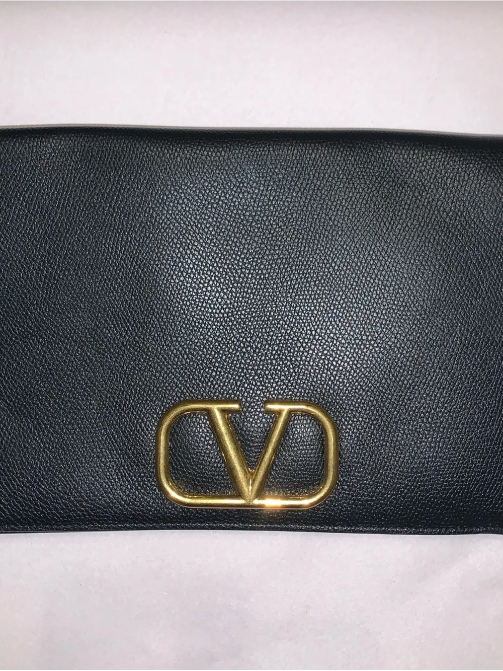 Valentino Black Textured Leather Clutch with Gold V Logo and Zip Pouch